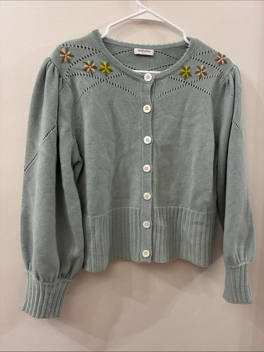 Petite Studio blue Embroidered Knit Cardigan - wool/cotton blend - medium